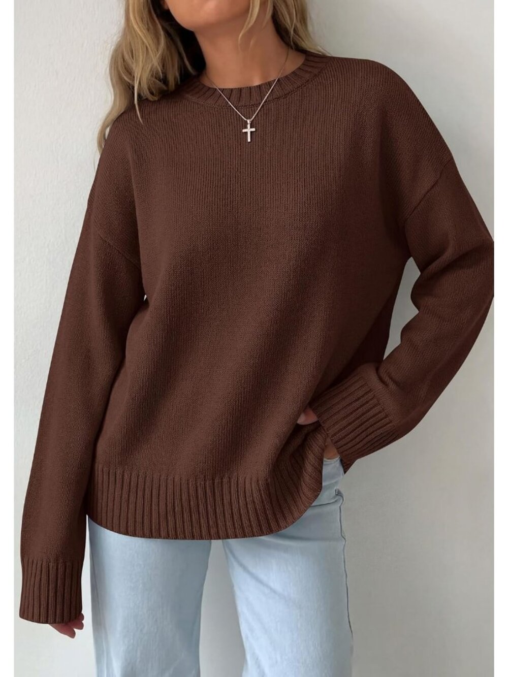 Women's Brown Crewneck Long Sleeve Solid Ribbed Knit Top Oversized Fall Sweater - Picture 3 of 6